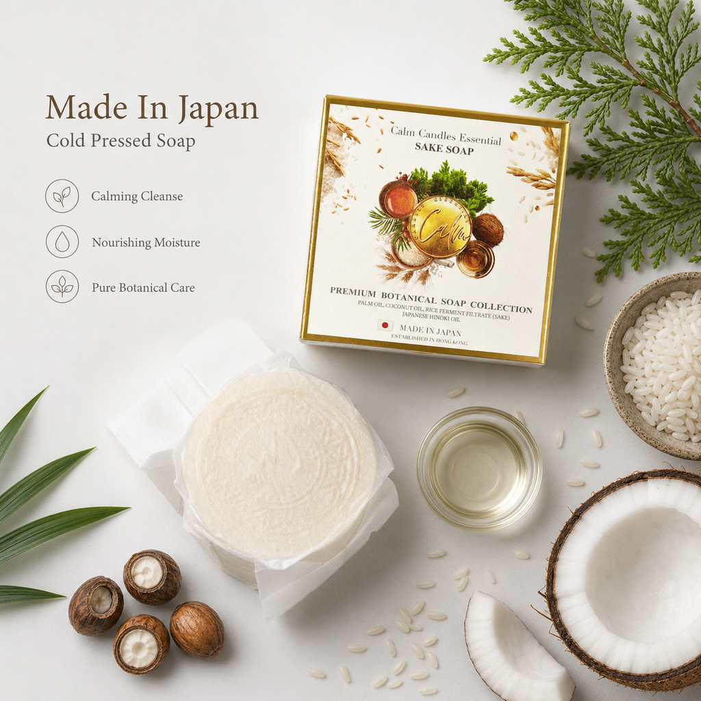 Calm Candles Essential Japanese Sake (Rice Ferment) Soap Bar, 150 g, Solid Face & Body Cleanser, With Rice Ferment Filtrate and Hinoki (Chamaecyparis Obtusa), Coconut Oil & Palm Oil Base, Made in Japan
