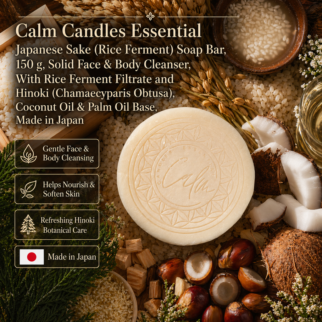 Calm Candles Essential Japanese Sake (Rice Ferment) Soap Bar, 150 g, Solid Face & Body Cleanser, With Rice Ferment Filtrate and Hinoki (Chamaecyparis Obtusa), Coconut Oil & Palm Oil Base, Made in Japan