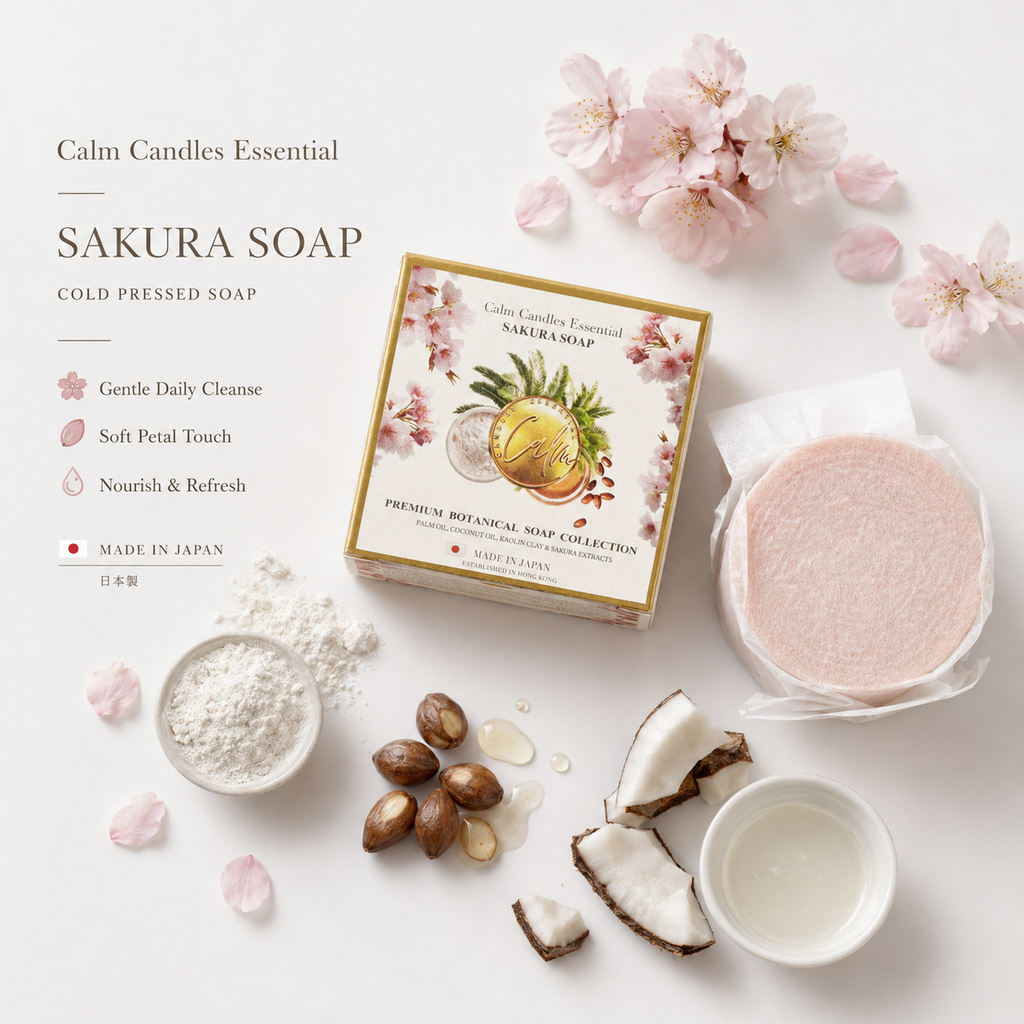 Calm Candles Essential Sakura (Cherry Leaf) Soap Bar, 150 g, Solid Face & Body Cleanser, Kaolin Clay Purifying Care, With Butylene Glycol + Prunus Yedoensis Extract, Coconut Oil & Palm Oil Base, Made in Japan