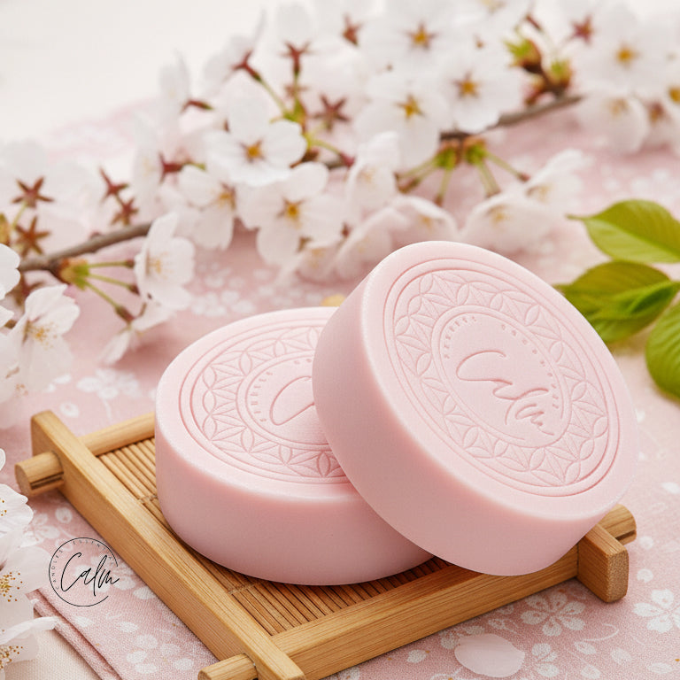 Calm Candles Essential Sakura (Cherry Leaf) Soap Bar, 150 g, Solid Face & Body Cleanser, Kaolin Clay Purifying Care, With Butylene Glycol + Prunus Yedoensis Extract, Coconut Oil & Palm Oil Base, Made in Japan