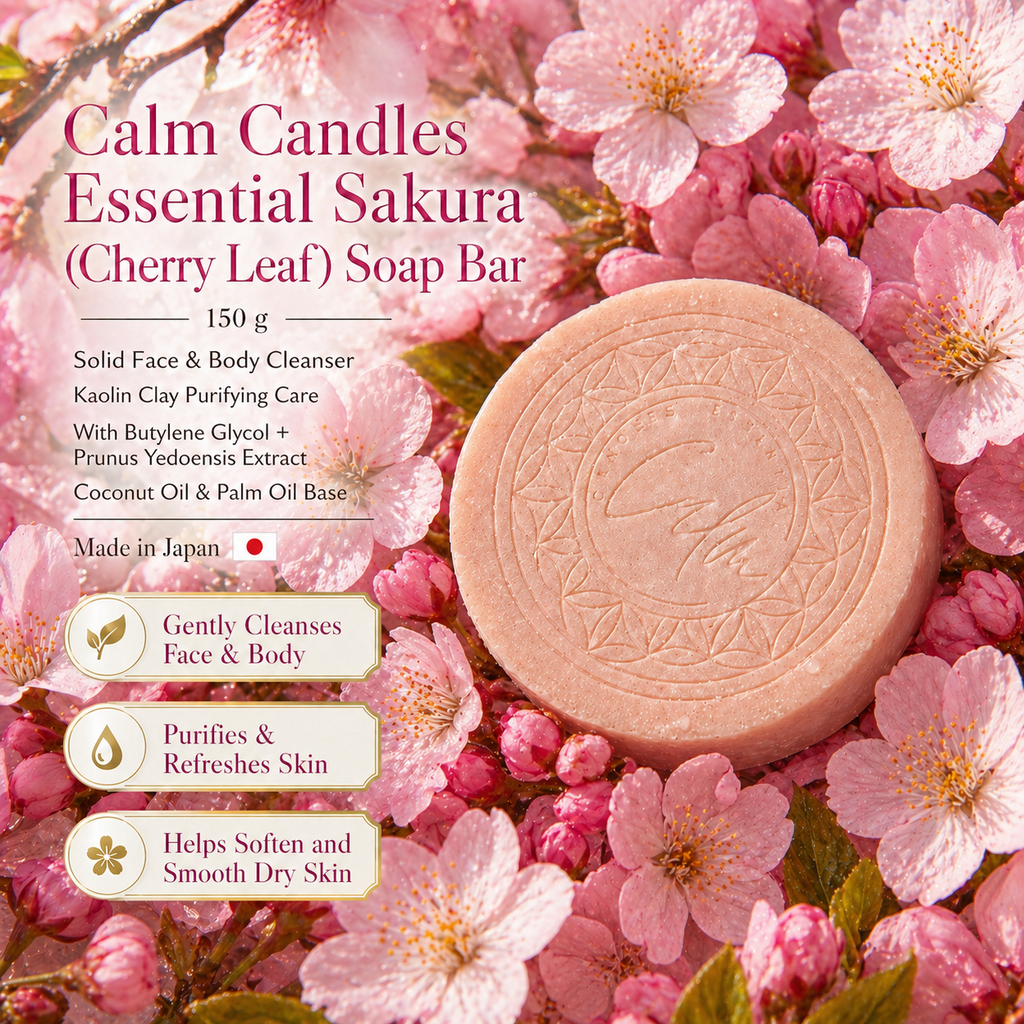 Calm Candles Essential Sakura soap bar with cherry blossoms on a pink background