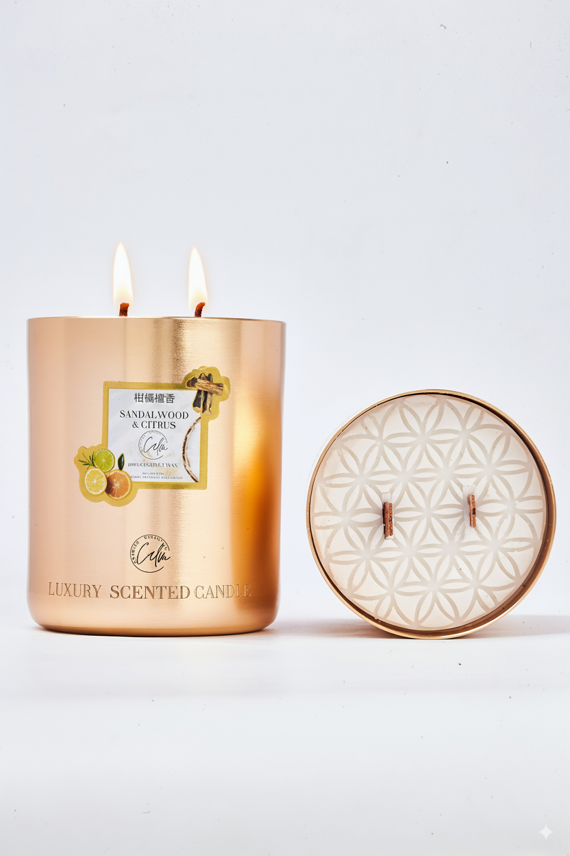 Sandelholz & Zitrus Gold Metall Kerzenkollektion | Hergestellt aus Premium-Kokoswachs & Kirschholzdocht Brenndauer bis zu 60+ Stunden - Calm Candles Essential