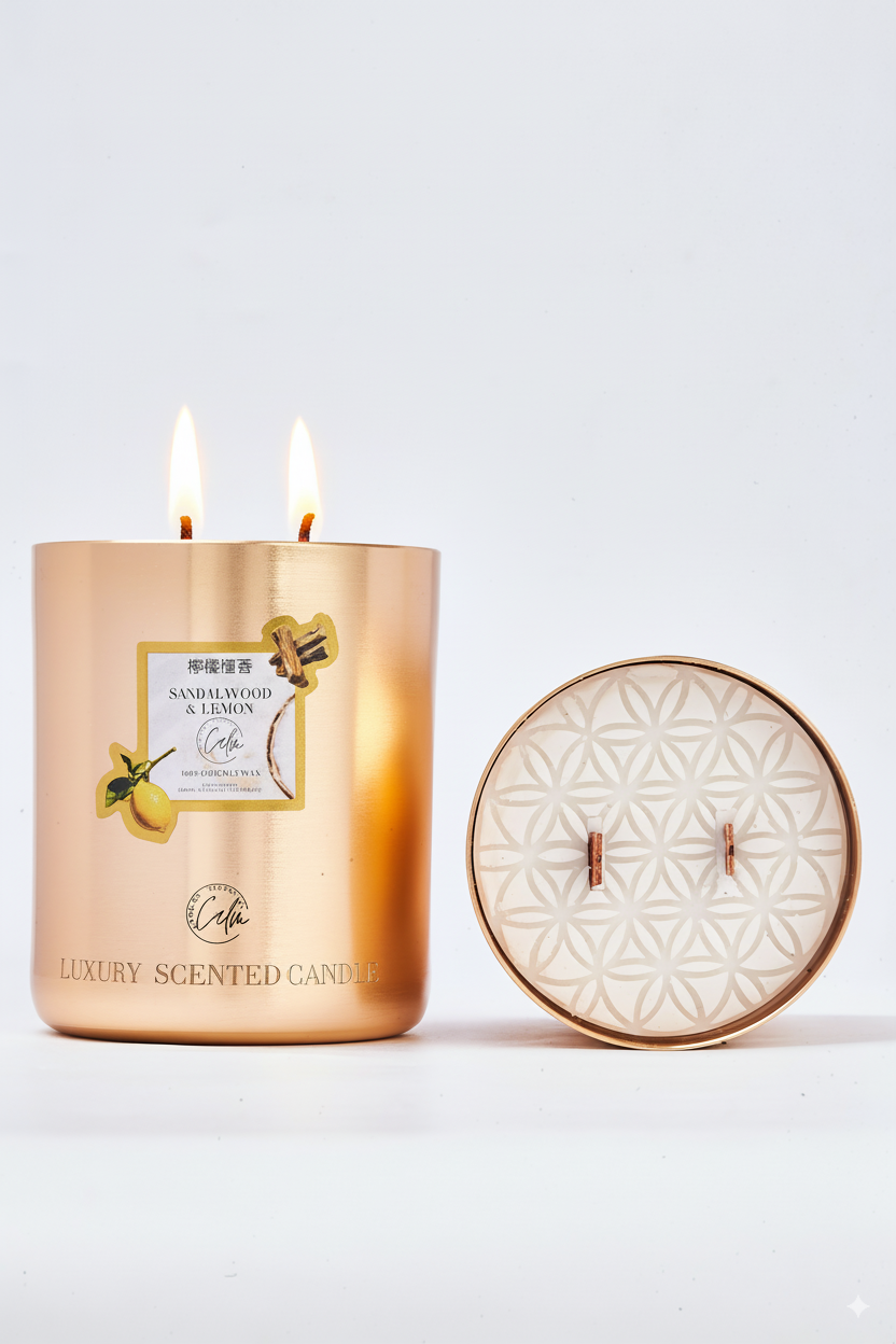 Sandelholz & Zitrone Gold-Metall-Kerzenkollektion | Hergestellt aus hochwertigem Kokosnusswachs & Kirschholzdocht Bis zu 60+ Stunden Brenndauer - Calm Candles Essential