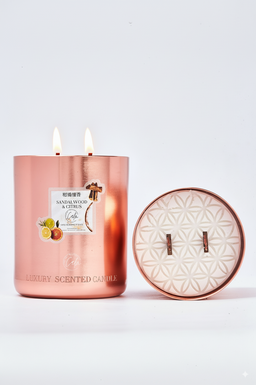Sandelholz & Zitrus Roségold Metall Kerzenkollektion | Hergestellt mit Premium Kokoswachs & Kirschholzdocht Brenndauer bis zu 60+ Stunden - Calm Candles Essential