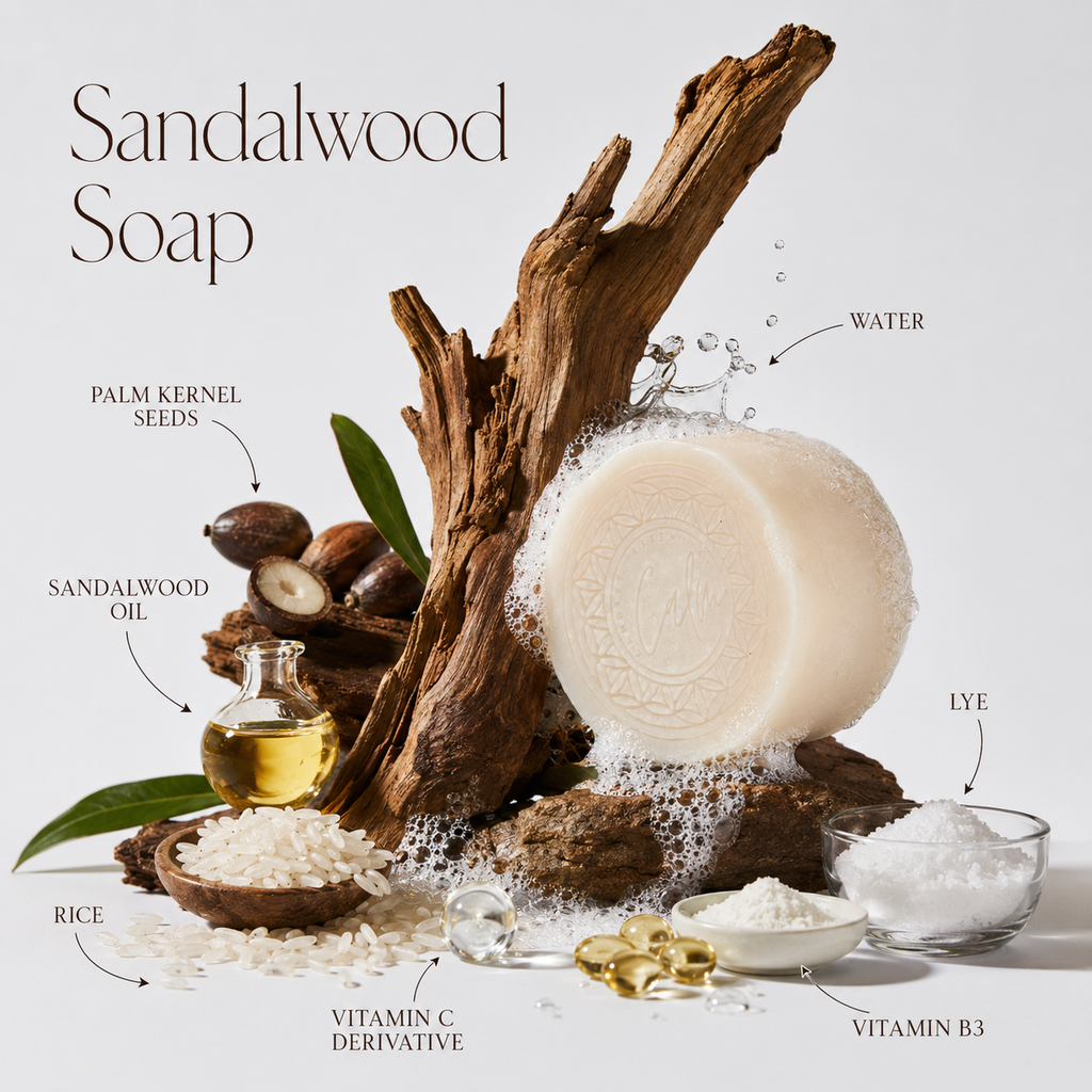 Calm Candles Essential Sandalwood Brightening Face & Body Soap — 150g | Vitamin B3 + Vitamin C Derivative | Made in Japan
