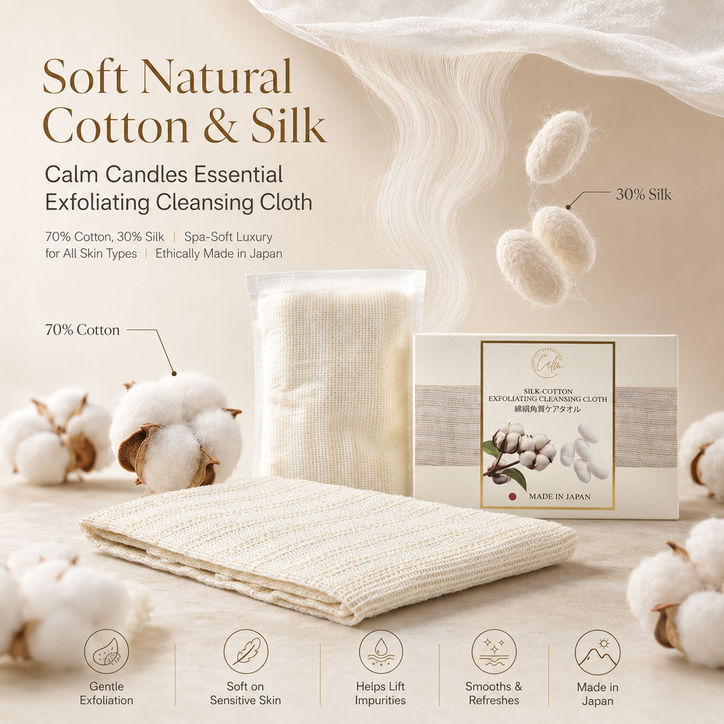 Weiche Naturbaumwolle & Seide – Calm Candles Essential Peeling-Reinigungstuch | 70 % Baumwolle, 30 % Seide | Wellness-weicher Luxus für alle Hauttypen | Ethisch hergestellt in Japan