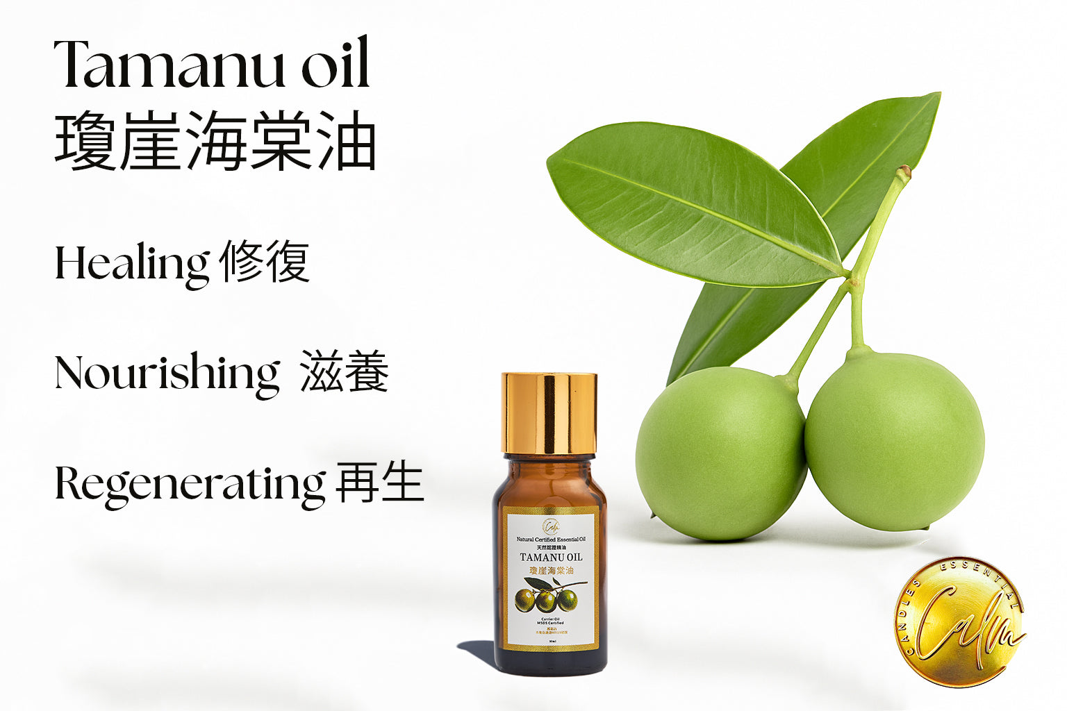 Calm Candles Essential - Tamanu Certified Organic, Undiluted, Natural Essential Oil - Nourishing, Healing & Rejuvenating Aromatherapy - Enhance Skin Health & Overall Well-Being - 10ml