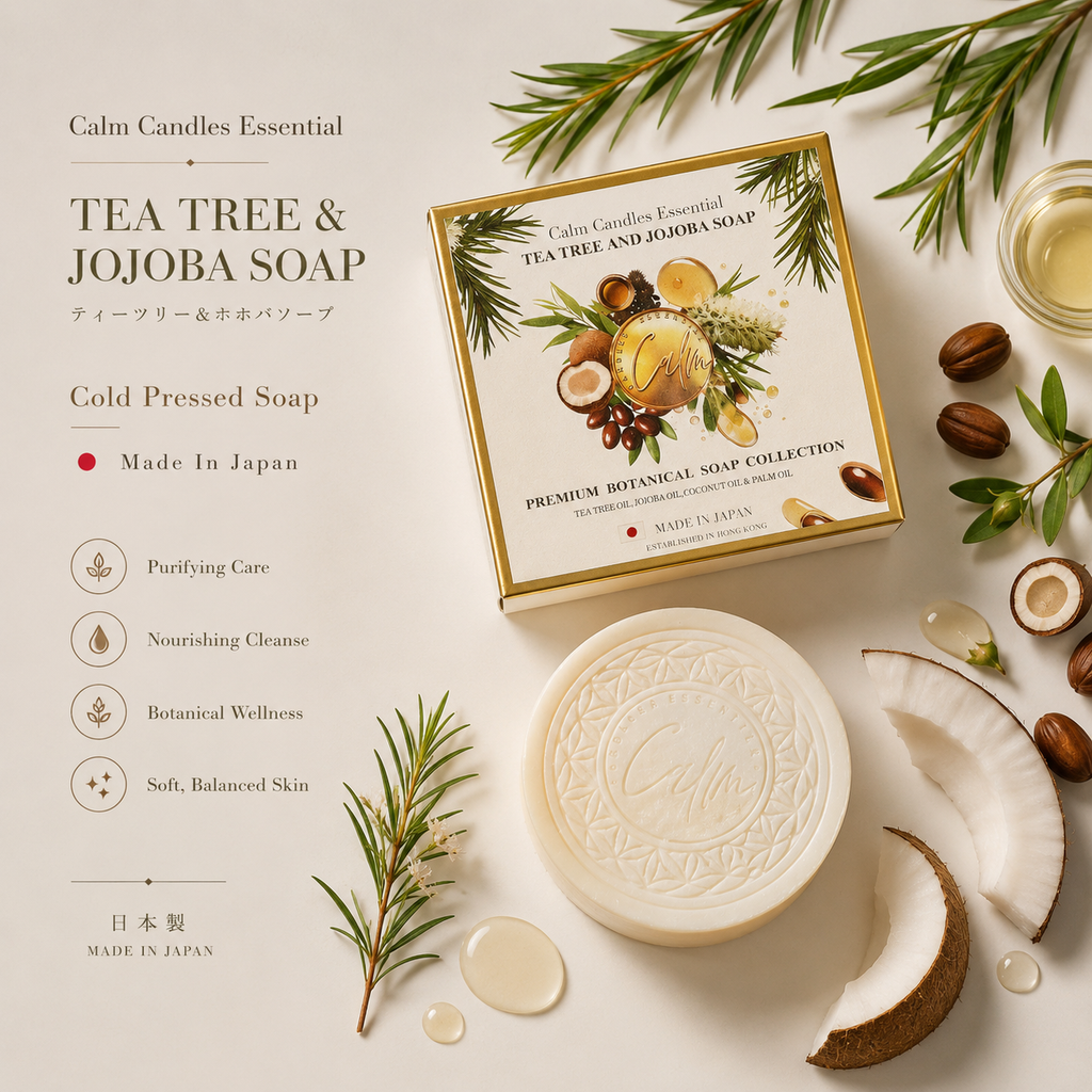 Calm Candles Essential Tea Tree & Jojoba Face + Body Soap – 150g | Made in Japan | Botanical Cleansing Bar with Tea Tree, Jojoba, Coconut & Palm Oils