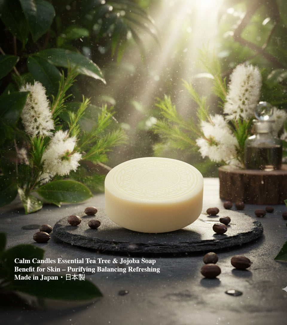 Calm Candles Essential Tea Tree & Jojoba Cold-Pressed Soap, 150 g, Solid Face & Body Bar, Clarifying + Moisture-Balancing, With Tea Tree Leaf Oils, Jojoba Seed Oil, Coconut Oil & Palm Oil Extracts, Made in Japan