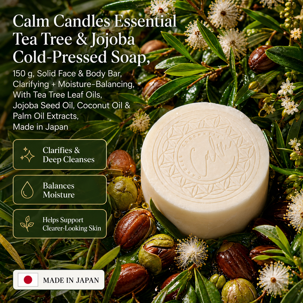 Calm Candles Essential Tea Tree & Jojoba Face + Body Soap – 150g | Made in Japan | Botanical Cleansing Bar with Tea Tree, Jojoba, Coconut & Palm Oils