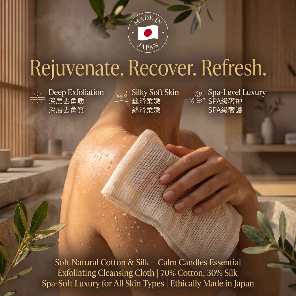 Weiche Naturbaumwolle & Seide – Calm Candles Essential Peeling-Reinigungstuch | 70 % Baumwolle, 30 % Seide | Wellness-weicher Luxus für alle Hauttypen | Ethisch hergestellt in Japan
