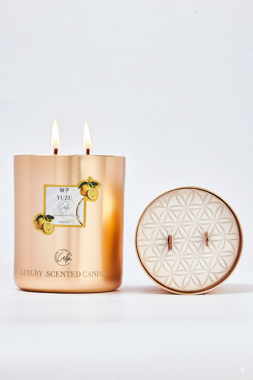 Yuzu Gold Metal Kerzenkollektion | Hergestellt mit hochwertigem Kokosnusswachs & Kirschholzdocht für über 60 Stunden Brenndauer - Calm Candles Essential