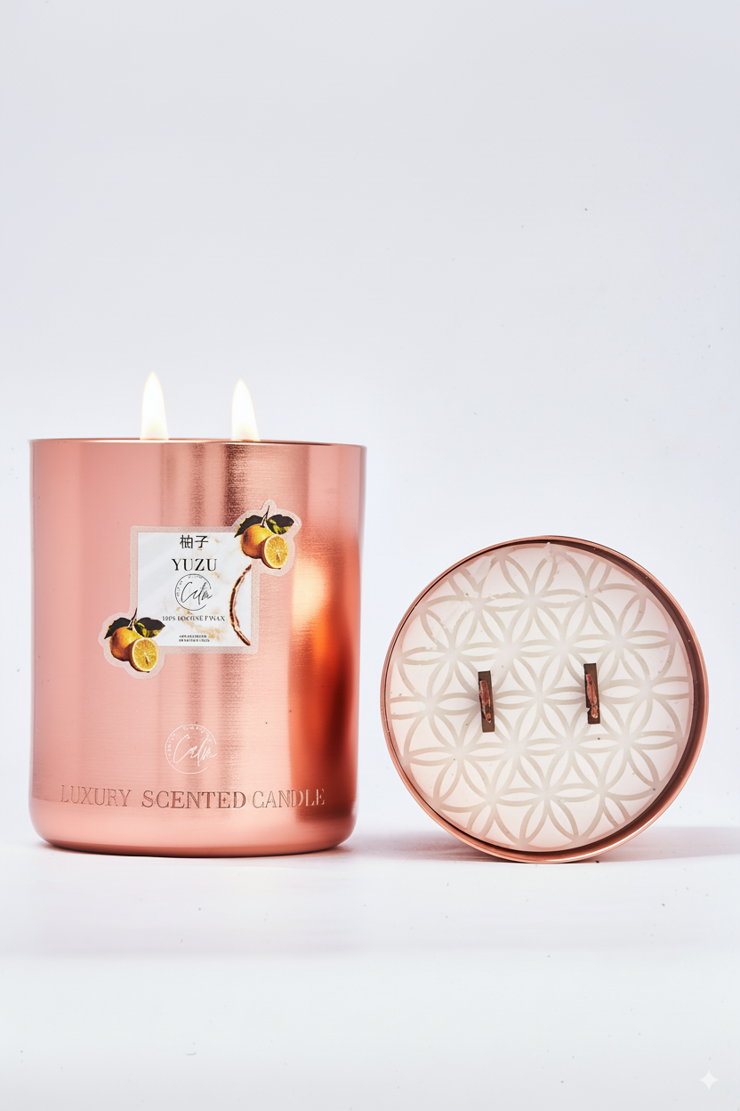 Yuzu Rose Gold Metal Kerzenkollektion | Hergestellt aus hochwertigem Kokosnusswachs & Kirschholzdocht bis zu 60+ Stunden Brenndauer - Calm Candles Essential